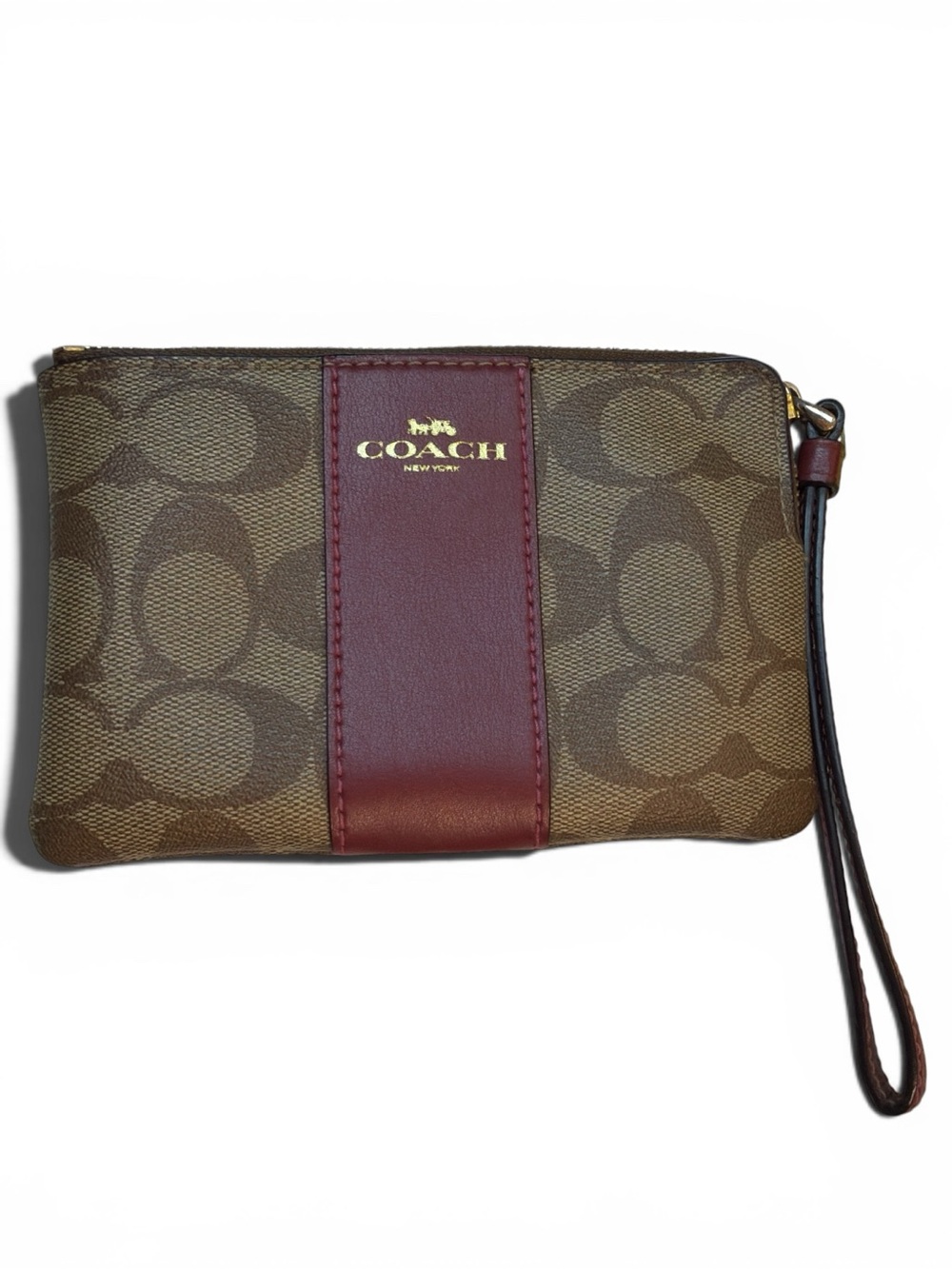 COACH Corner Zip Wristlet Khaki Coated Canvas w/Cherry Leather Vertical Stripe